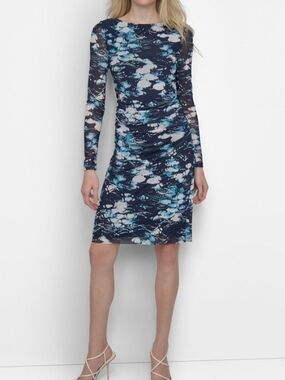 DKNY Women's (14) Printed Mesh Long-Sleeve Sheath Dress NWT